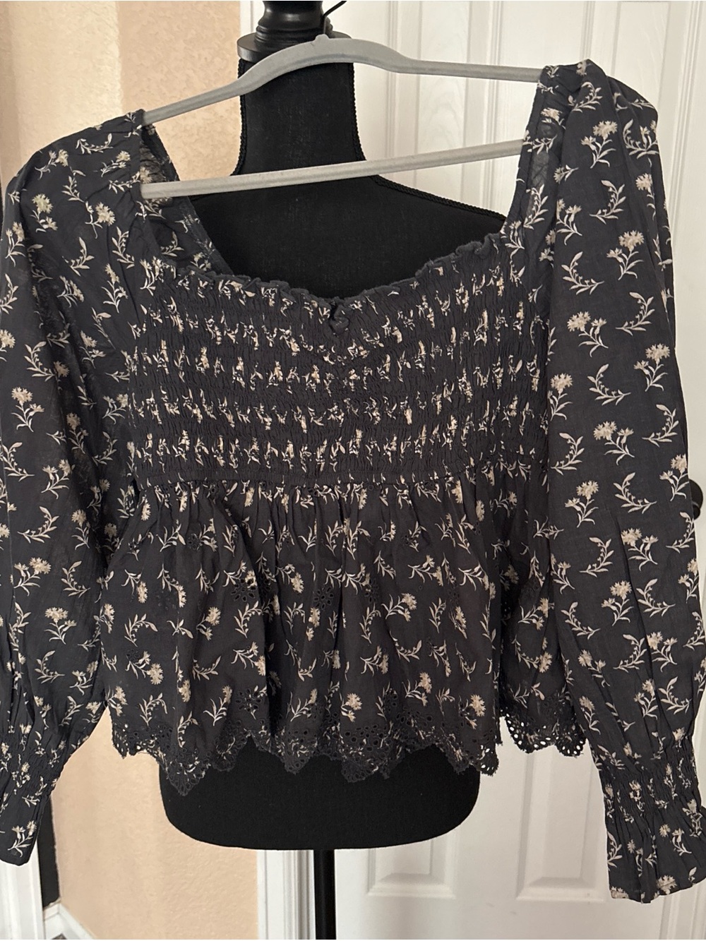 American Eagle Outfitters Black Floral Smocked Peasant Blouse